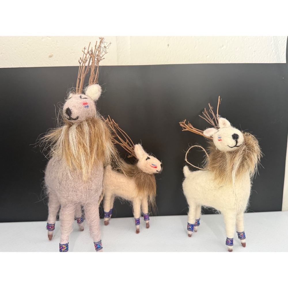 Handmade Needle Felted Wool Llama Alpaca Figurine Set of 3 Twig Antlers Folk Art